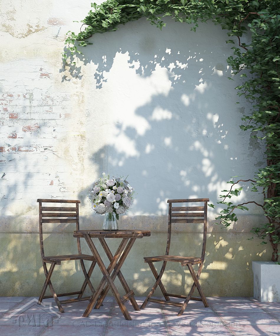 Gartenstühle vor Mauer